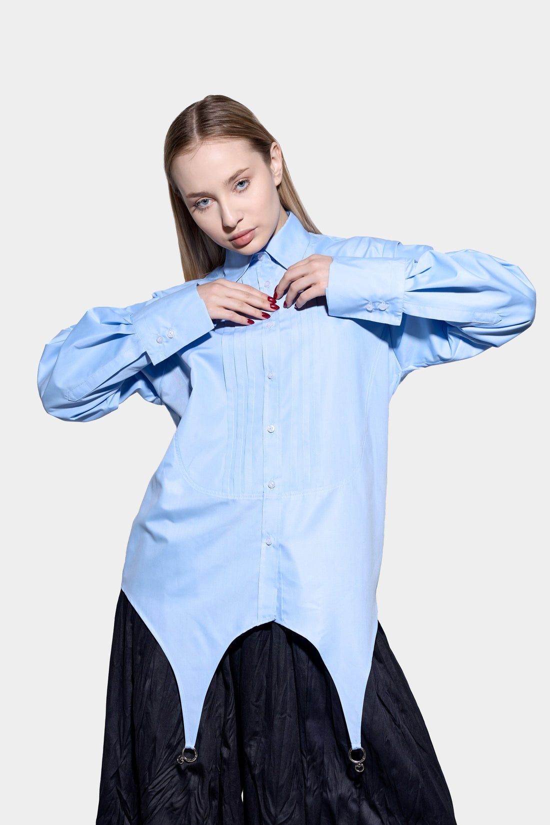 sky blue shirt with accessories